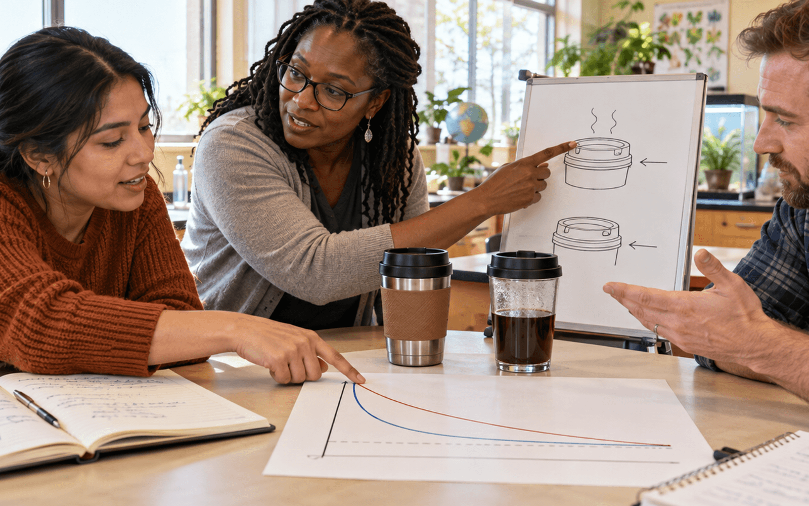 A Black science teacher and Latina and White adult learners compare insulated cups and a cooling chart while discussing explanations.