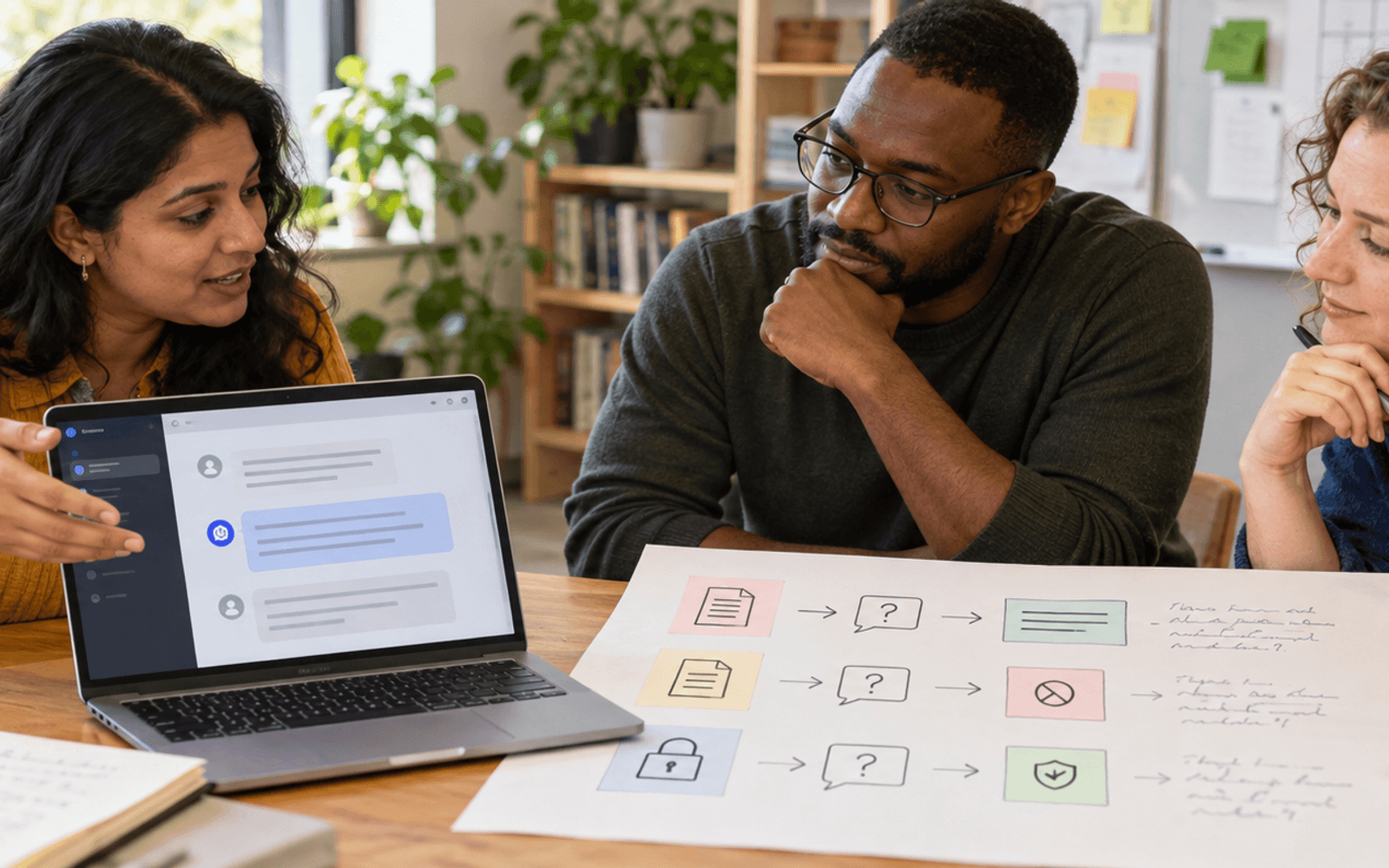 A South Asian teacher and Black and White adult colleagues review a fictional course-assistant test and a risk-response diagram.