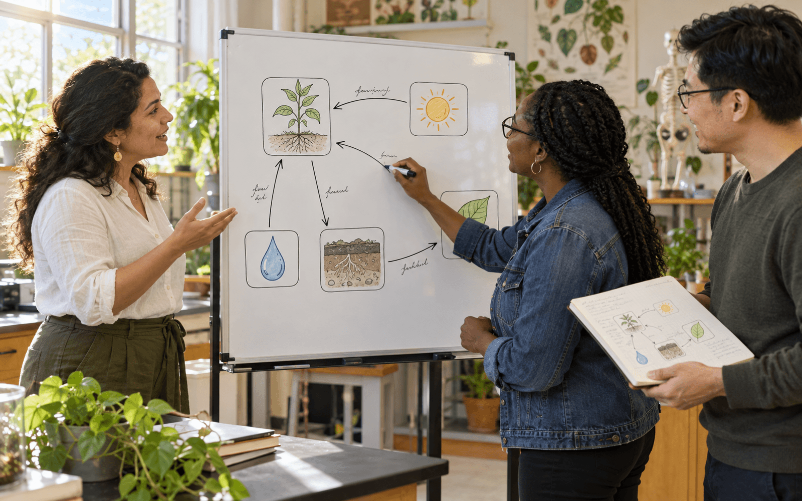 A Latina teacher and Black and East Asian adult learners revise a sparse plant-growth concept map.