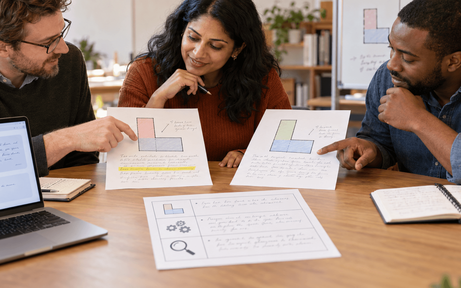 A White teacher and South Asian and Black adult educators evaluate two geometry explanations against an annotated rubric.