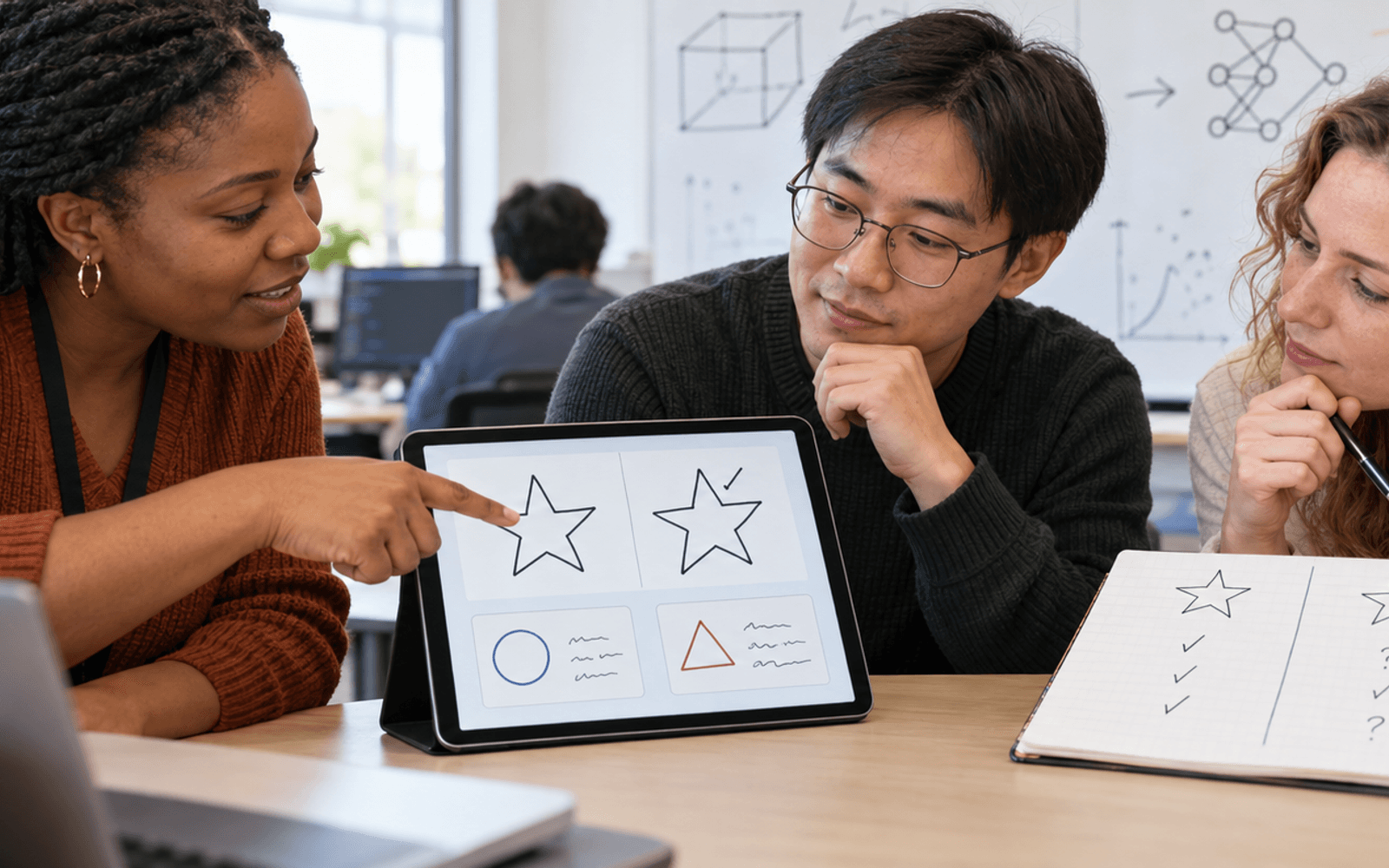 A Black teacher and East Asian and White adult learners compare original and slightly altered symbol images beside a results chart.