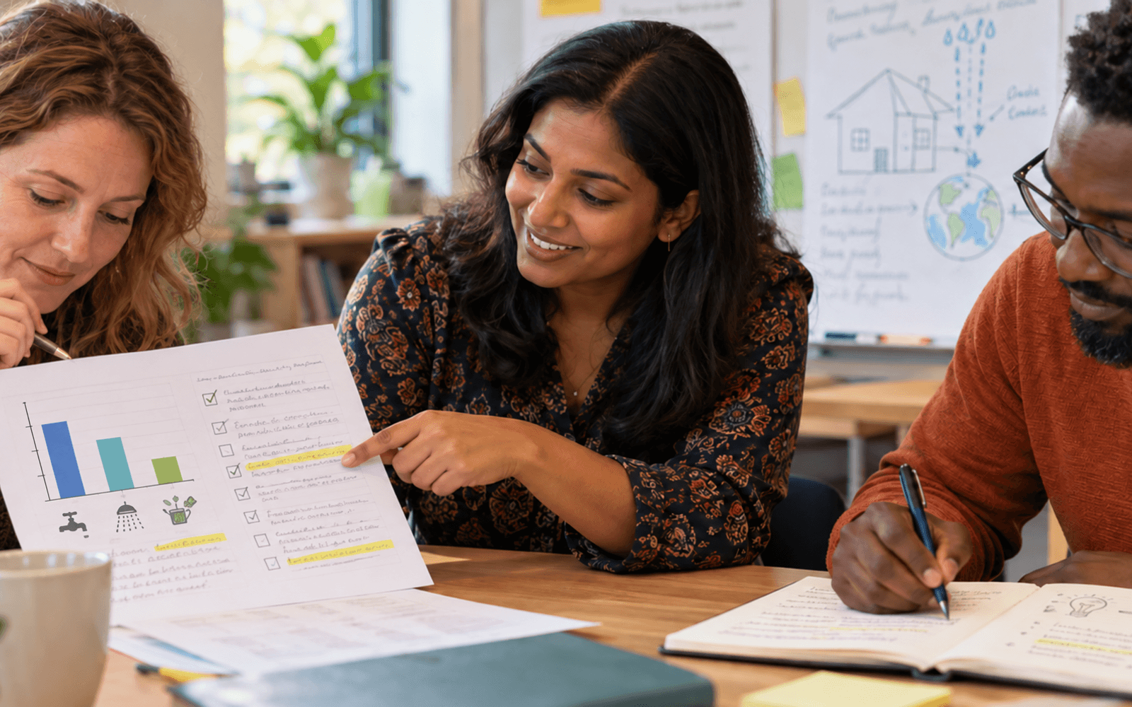 A South Asian teacher and White and Black adult learners review evidence in a water-use report and plan revisions.