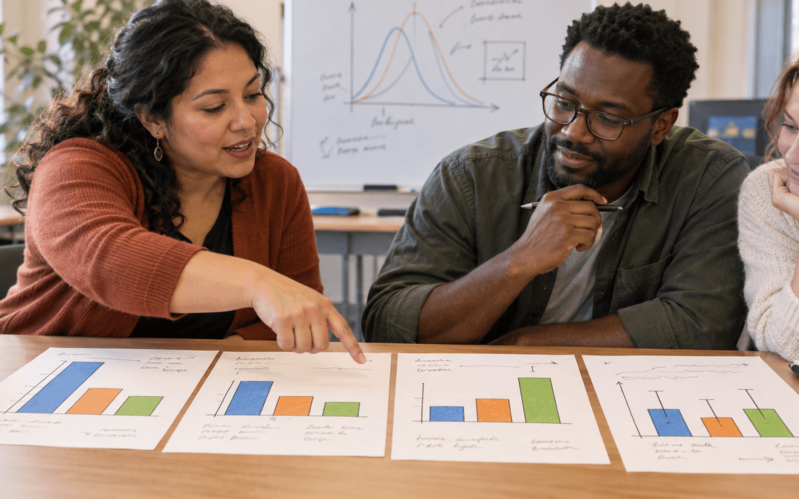 A Latina teacher and Black and White adult learners compare three prediction charts and an uncertainty summary.