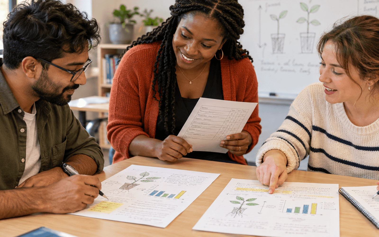 A Black teacher and South Asian and White adult learners exchange annotated investigation drafts and discuss a revision.