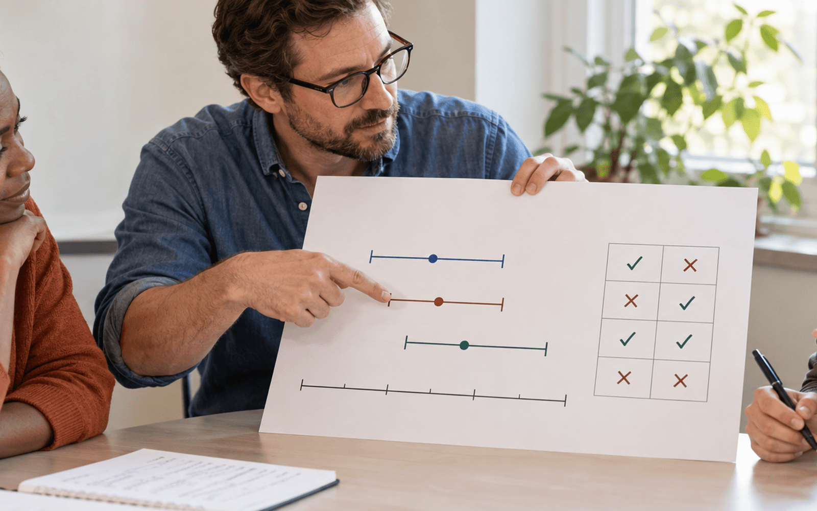 A White teacher and adult learners compare AI evaluation estimates with confidence-interval bars and paired outcomes.