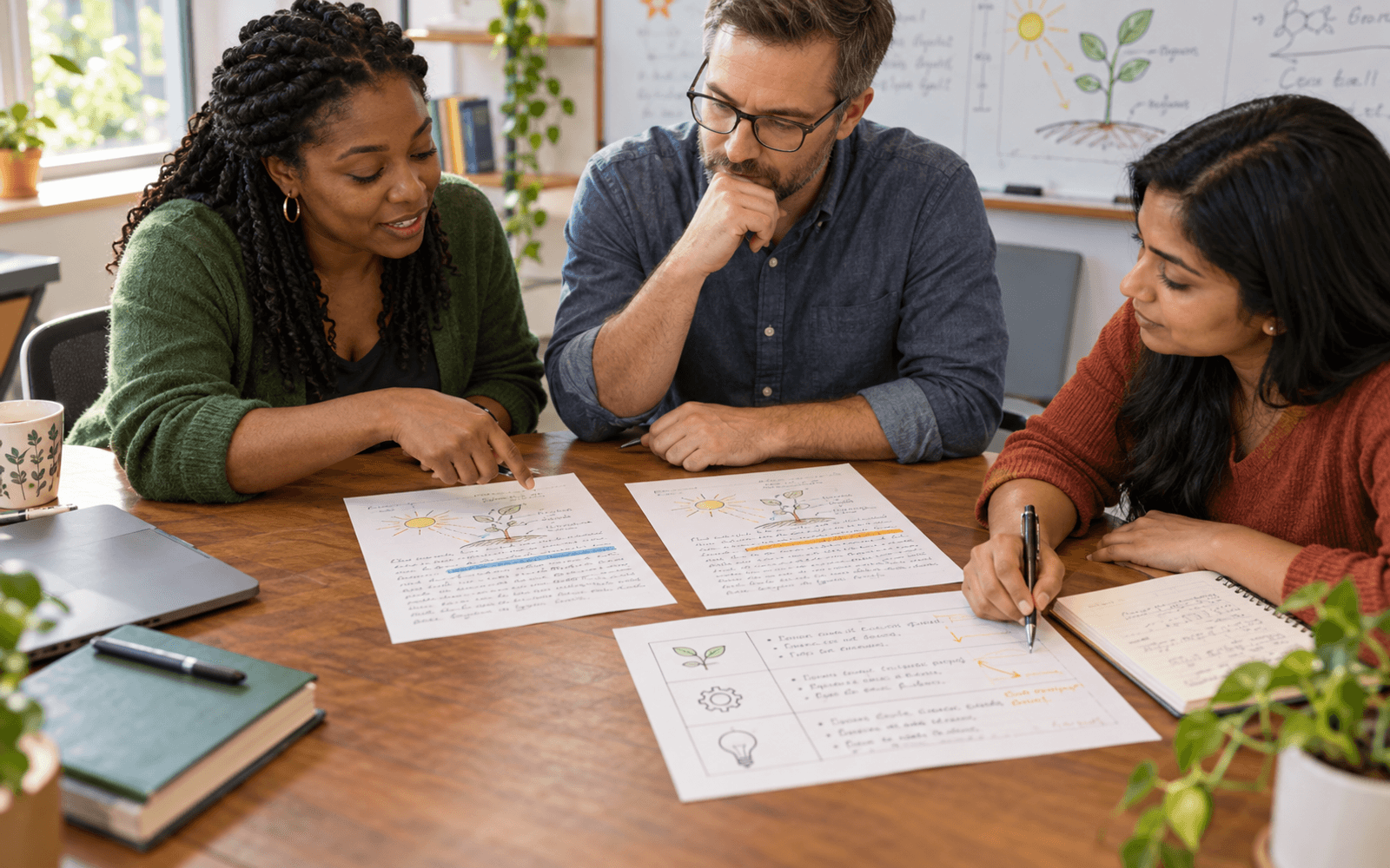 A Black teacher and White and South Asian adult educators compare independently annotated science responses and refine a category guide.