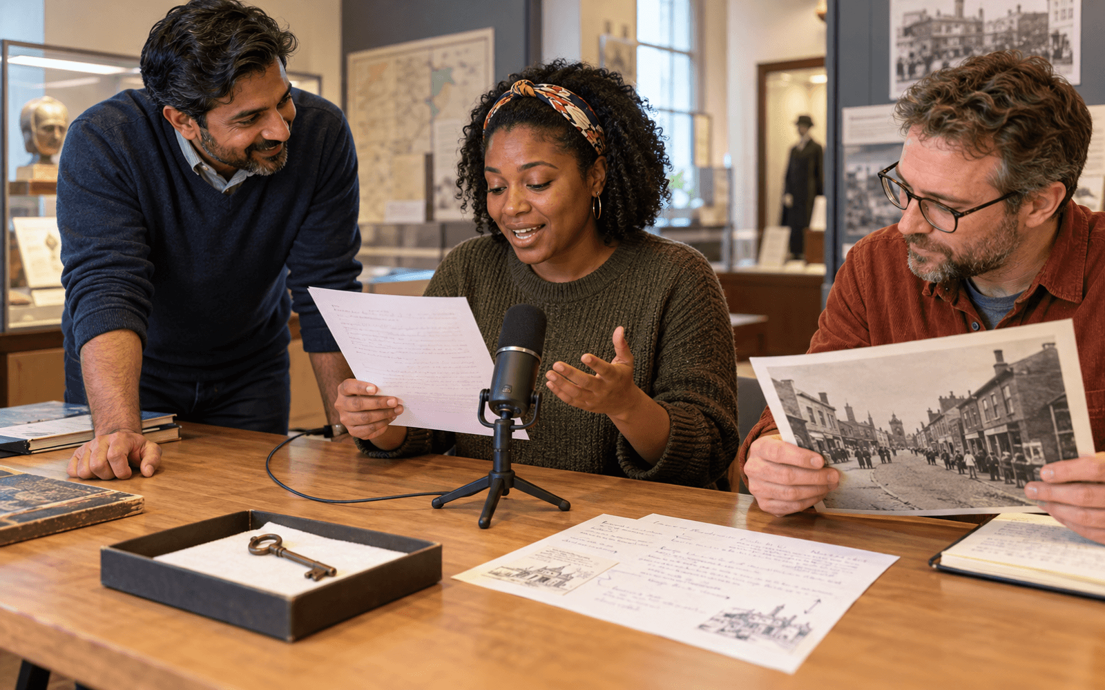 A South Asian teacher and Black and White adult learners prepare a local-history audio guide using an artifact, source photograph and annotated script.