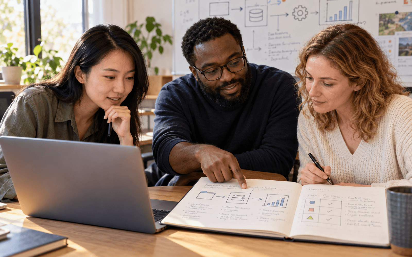 A Black teacher and White and East Asian adult educators reconstruct an AI evaluation from an experiment log and comparison table.