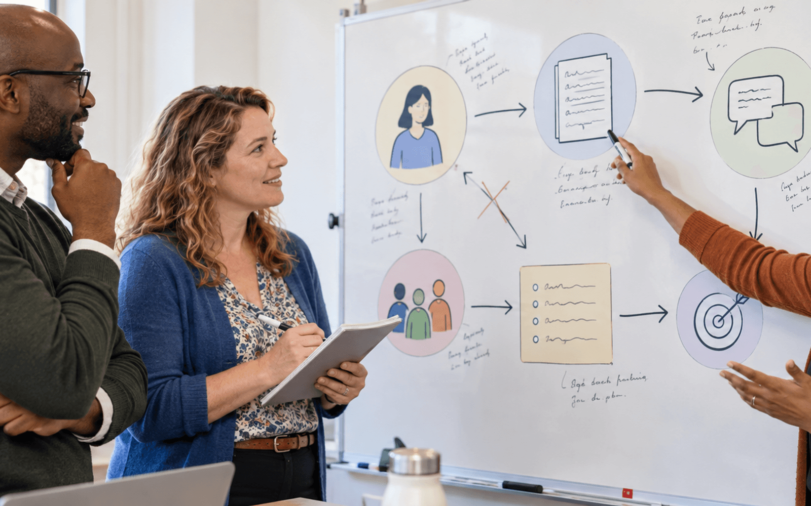 Adult participants revise a shared writing-feedback process on a classroom board while a facilitator points to the diagram.