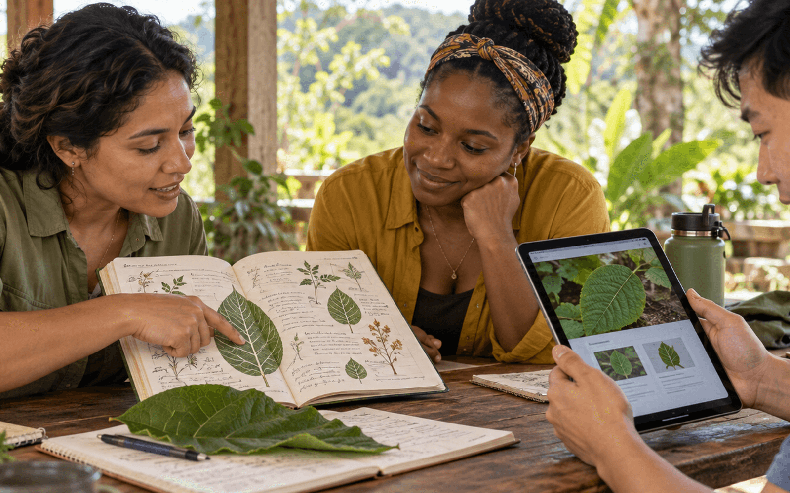 A Latina biology teacher and Black and East Asian adult learners compare a leaf photograph on a tablet with a field guide outdoors.