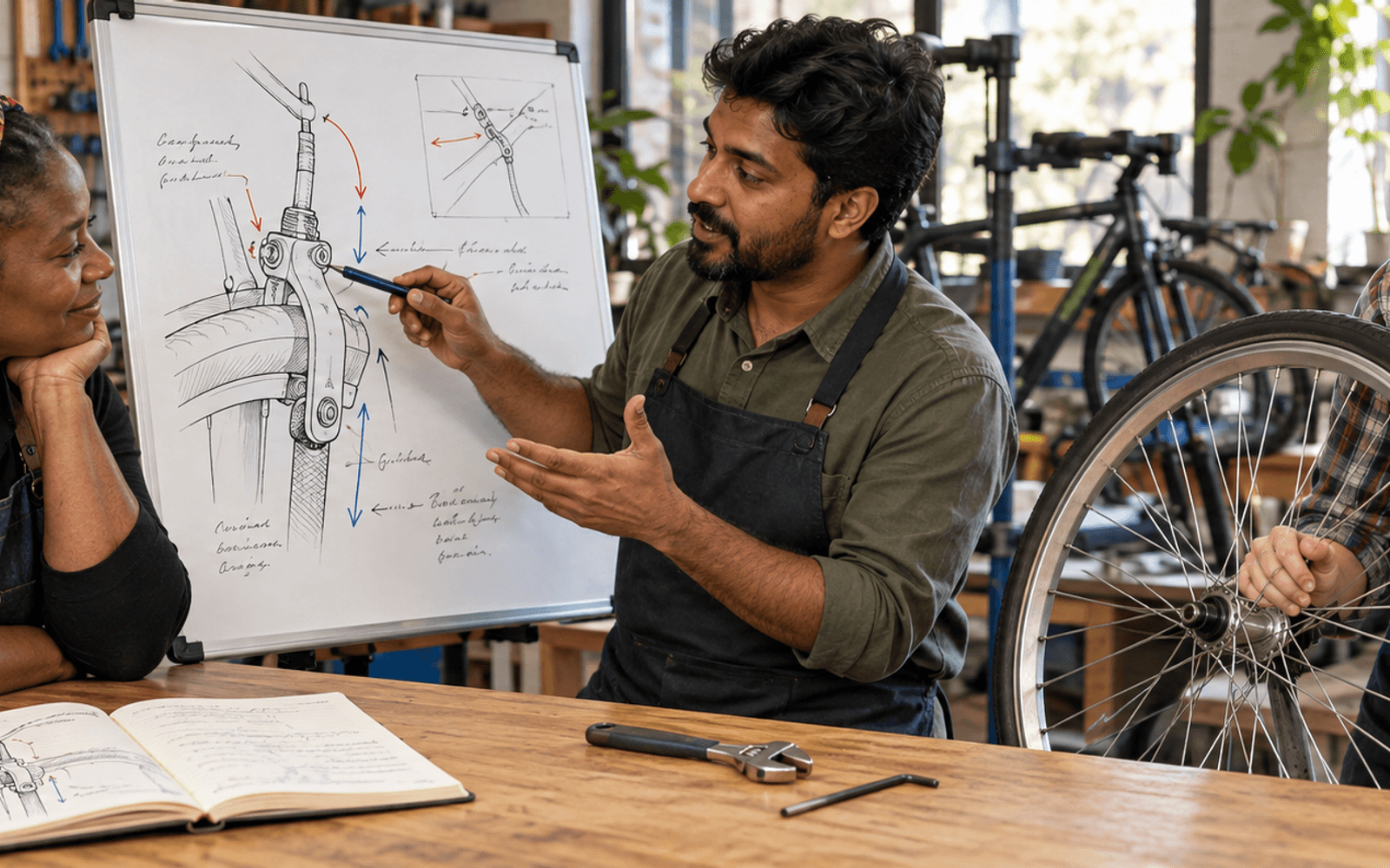 A Black teacher listens as a South Asian adult learner explains a bicycle-brake diagram beside a wheel and repair tools.