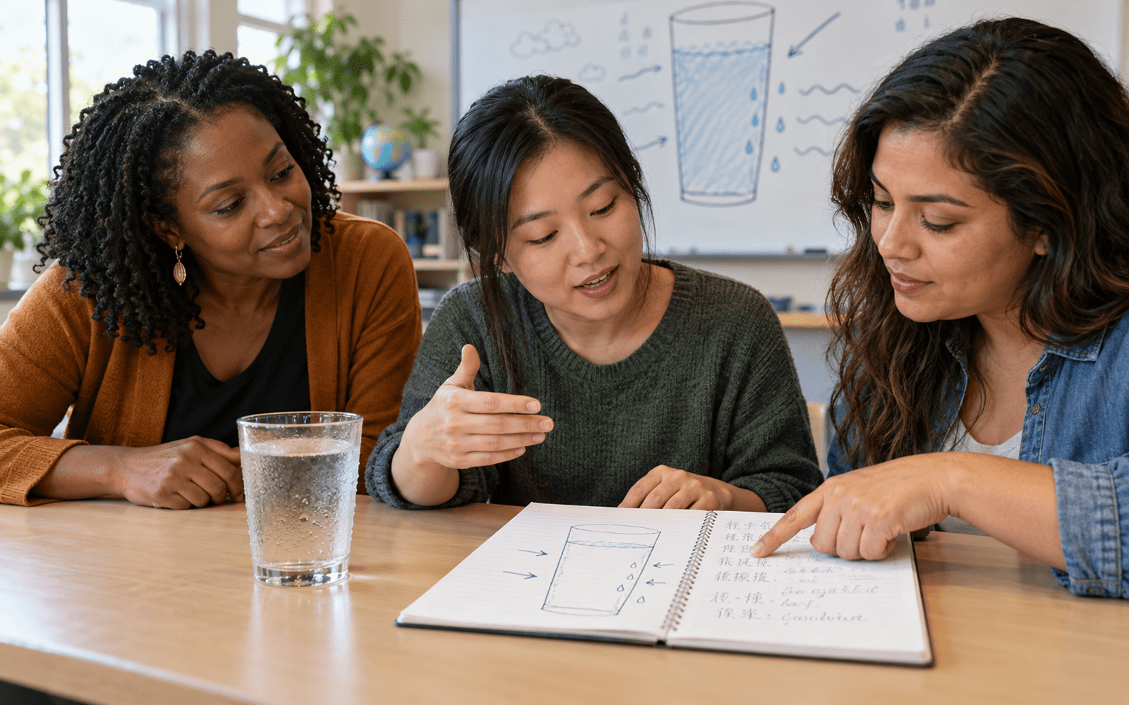 A Black science teacher and East Asian and Latina adult learners compare a condensation sketch with multilingual handwritten notes.