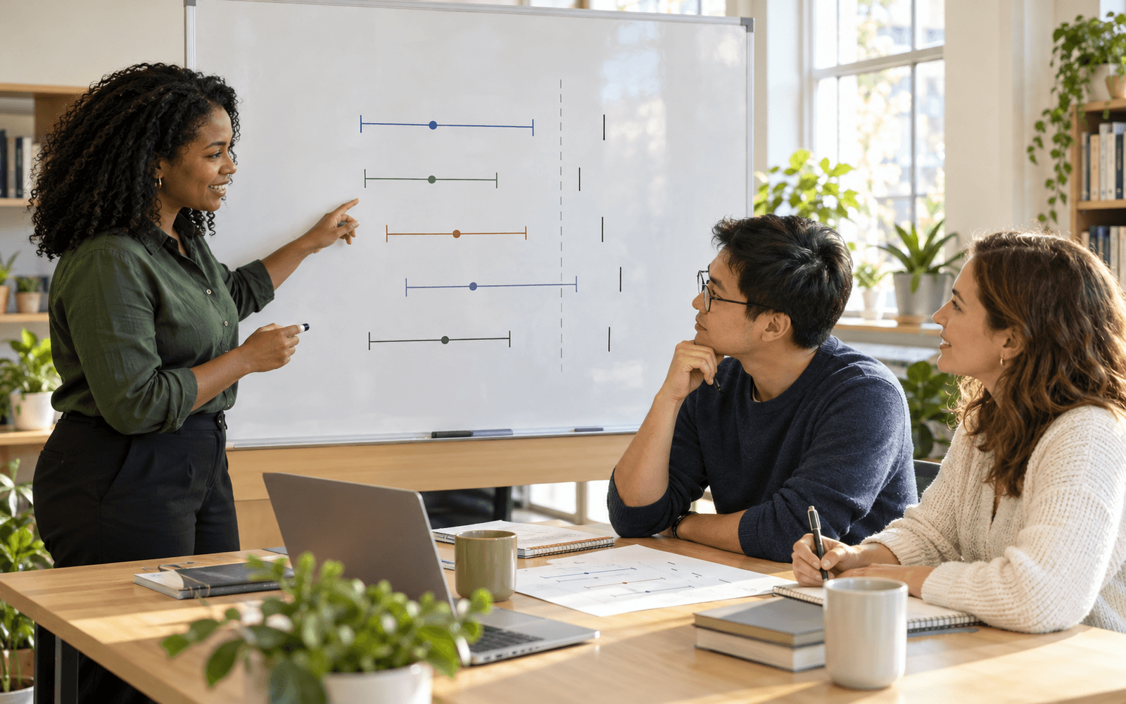 A Black woman educator and East Asian and White adult learners compare hand-drawn prediction intervals and marked outcomes in a bright seminar room.