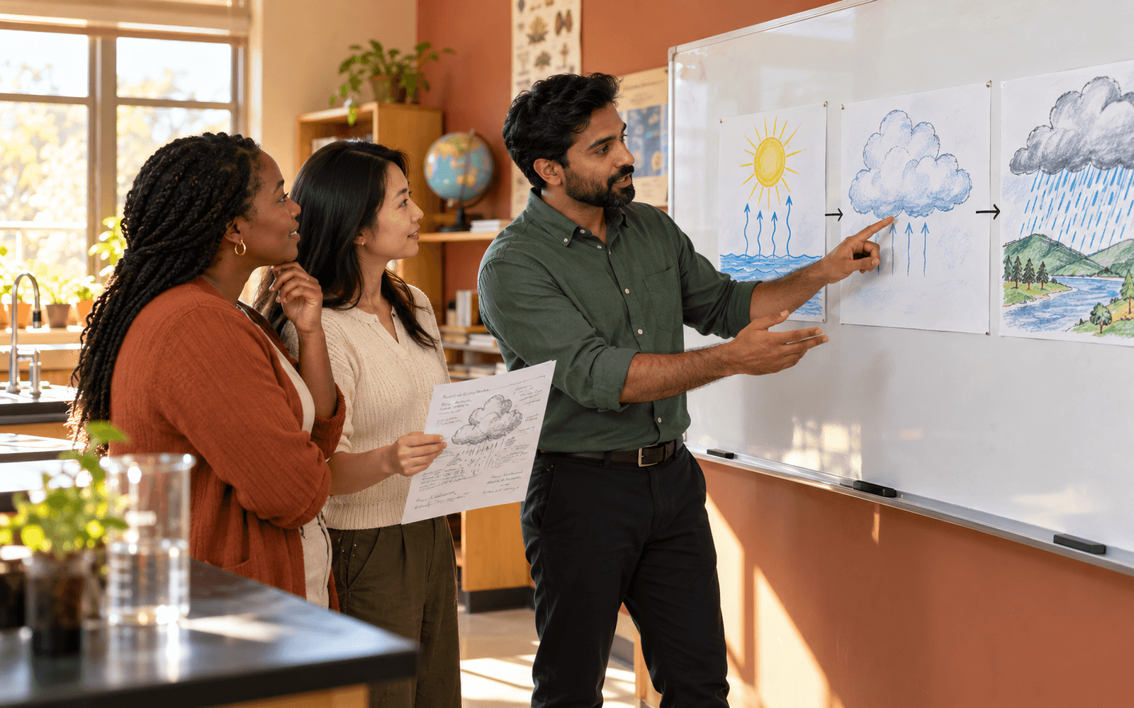 A science educator points to three connected water-cycle sketches while two adult learners examine a related worksheet in a bright classroom.