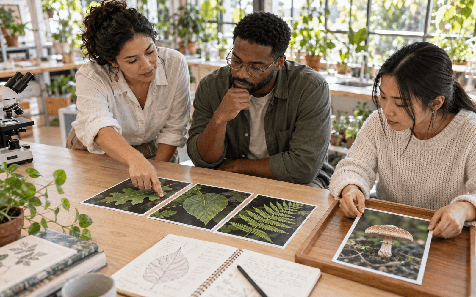 A Latina teacher and Black and East Asian adult learners compare plant photographs and place a mushroom photograph beside a separate review tray in a bright botany room.