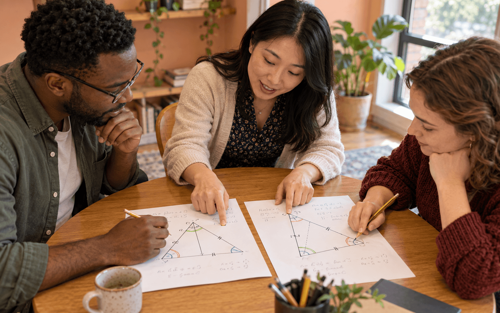 A mathematics educator and two adult learners compare corresponding features on two triangle-diagram sheets during a warm workshop.