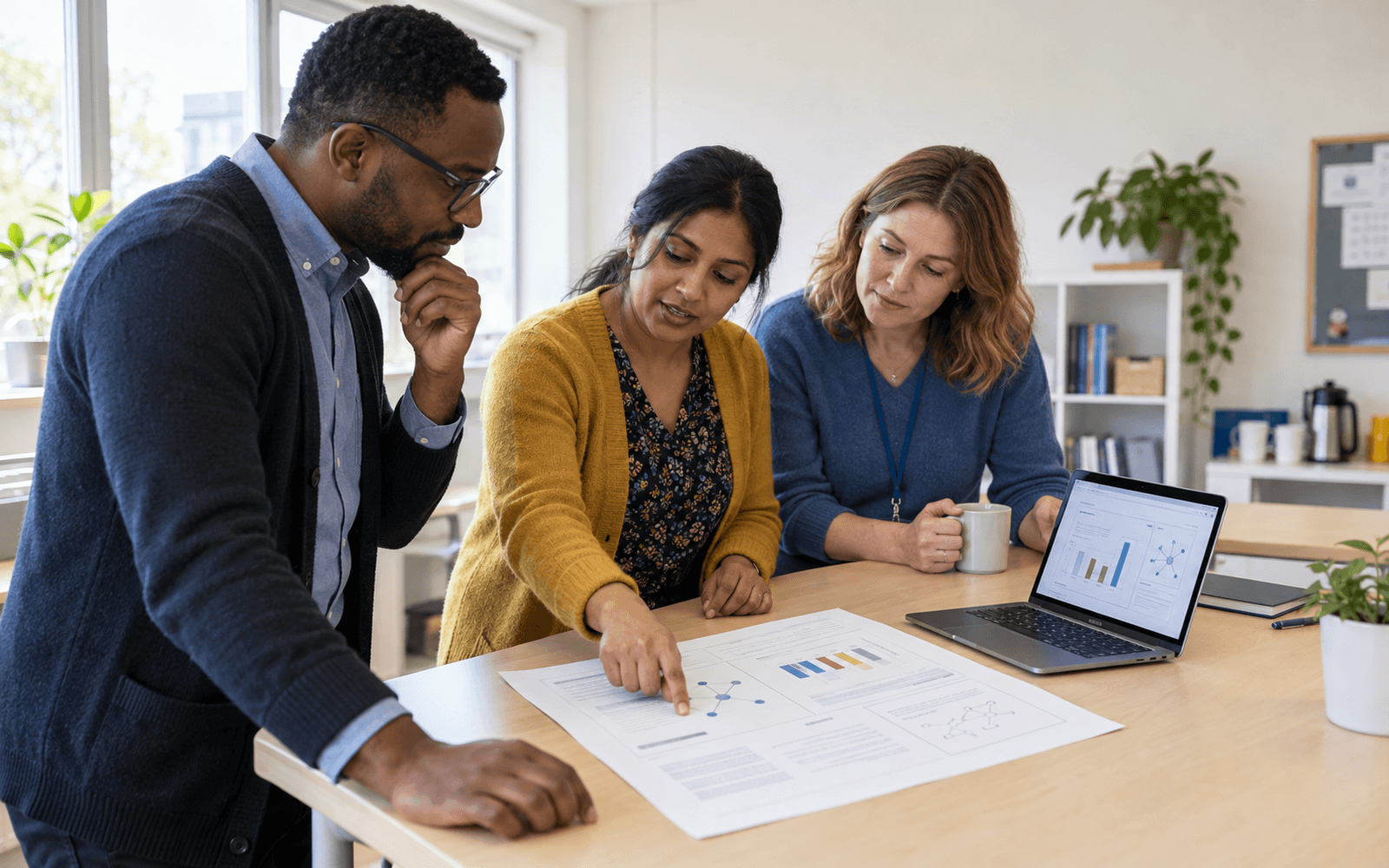 A Black male teacher and South Asian and White adult colleagues inspect a structured model-information sheet beside a laptop in a bright staff meeting.