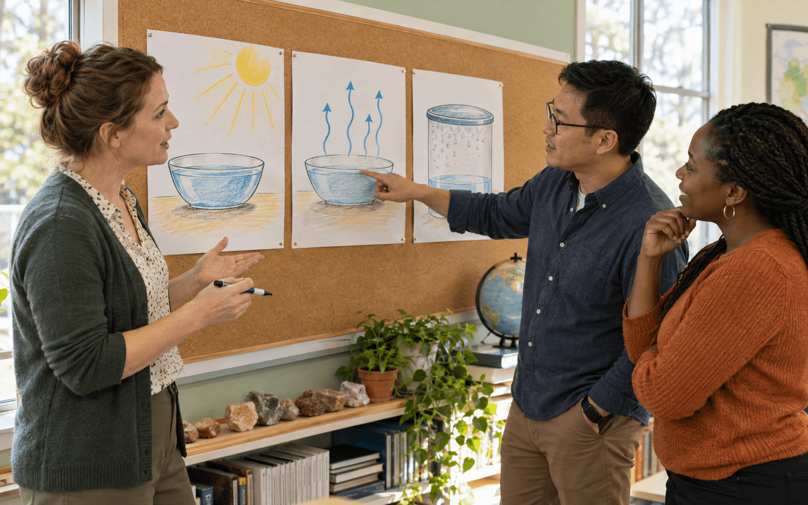 A White woman educator and East Asian and Black adult teachers compare three large evaporation drawings with different explanatory arrows in a bright science classroom.