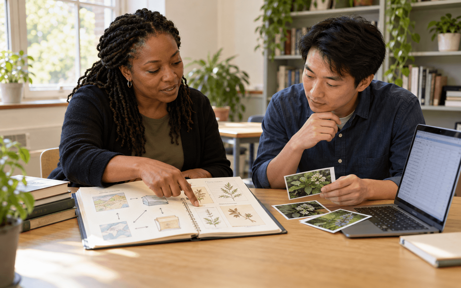A lecturer and adult learner compare botanical photograph cards with a documented data-flow sketch in an open folder beside a laptop.