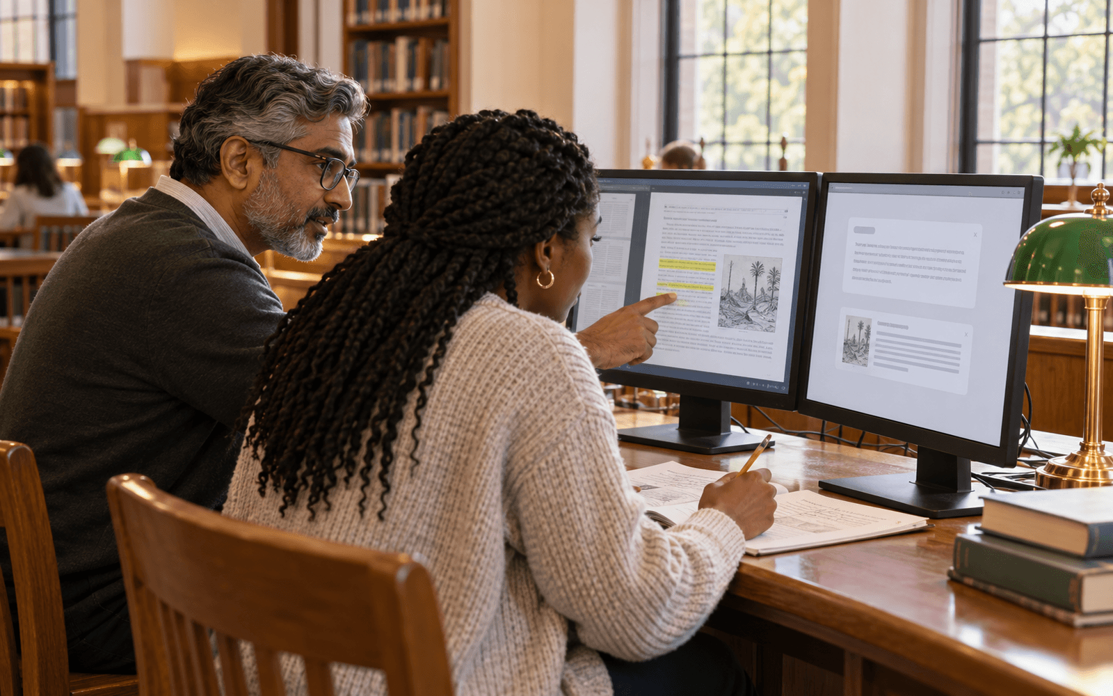 An educator and learner compare a source passage and an answer on two screens, with an annotated course document between them.