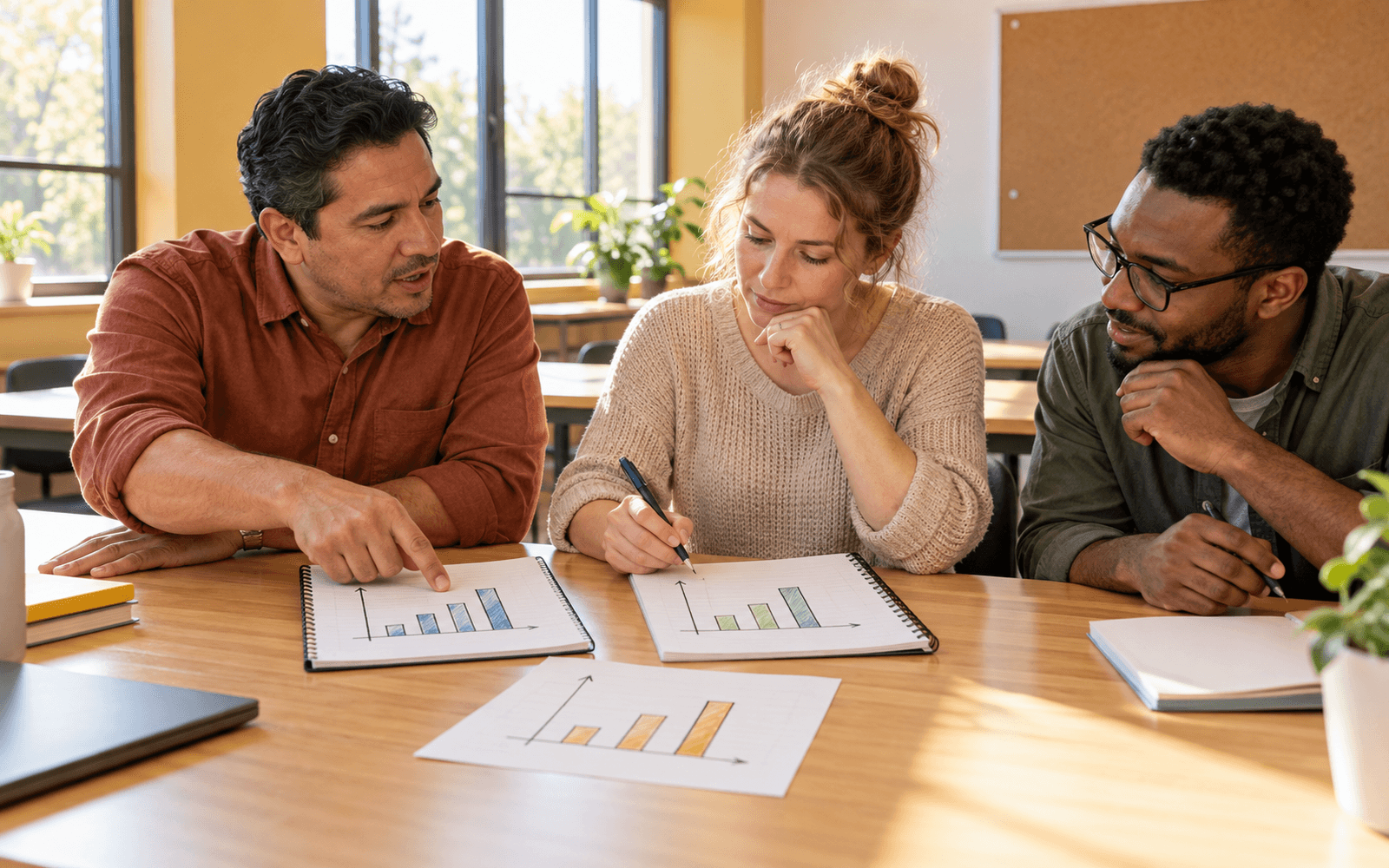 A teacher and two adult learners compare small bar-chart sketches with a worked explanation at a bright classroom table.