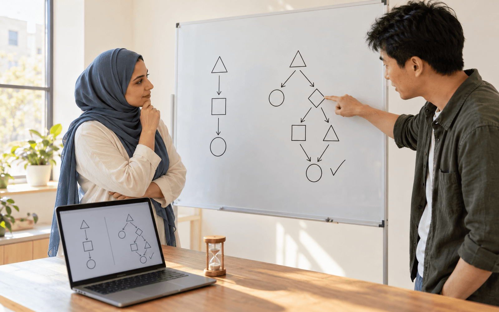 A computing instructor and adult learner compare alternative solution paths on a whiteboard beside a laptop and a small desk timer.