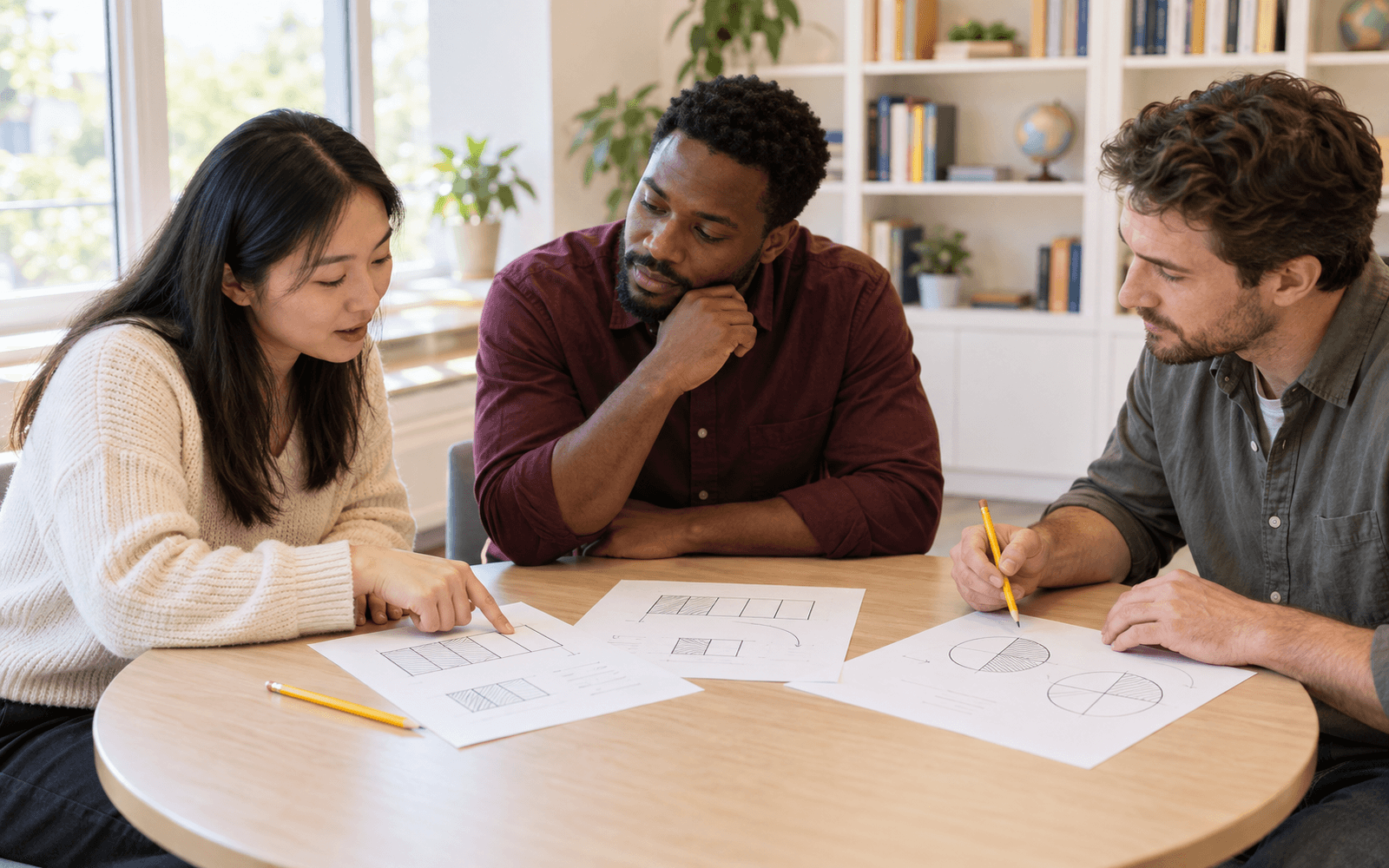 A mathematics teacher and two learners examine fraction diagrams and annotated worked solutions at a small classroom table.
