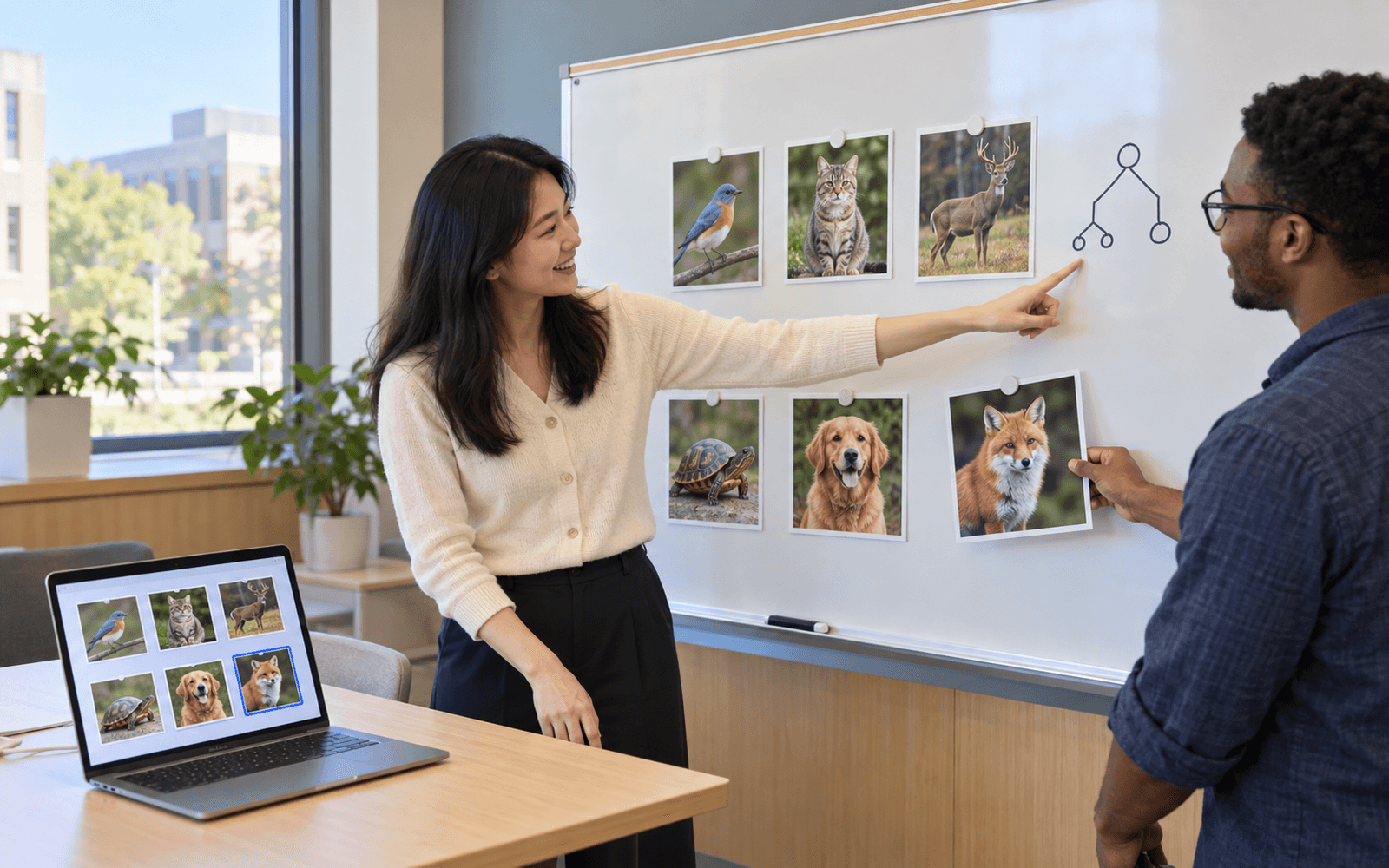 An educator and adult learner choose a few varied example cards for labeling beside a laptop and a small annotated category chart.