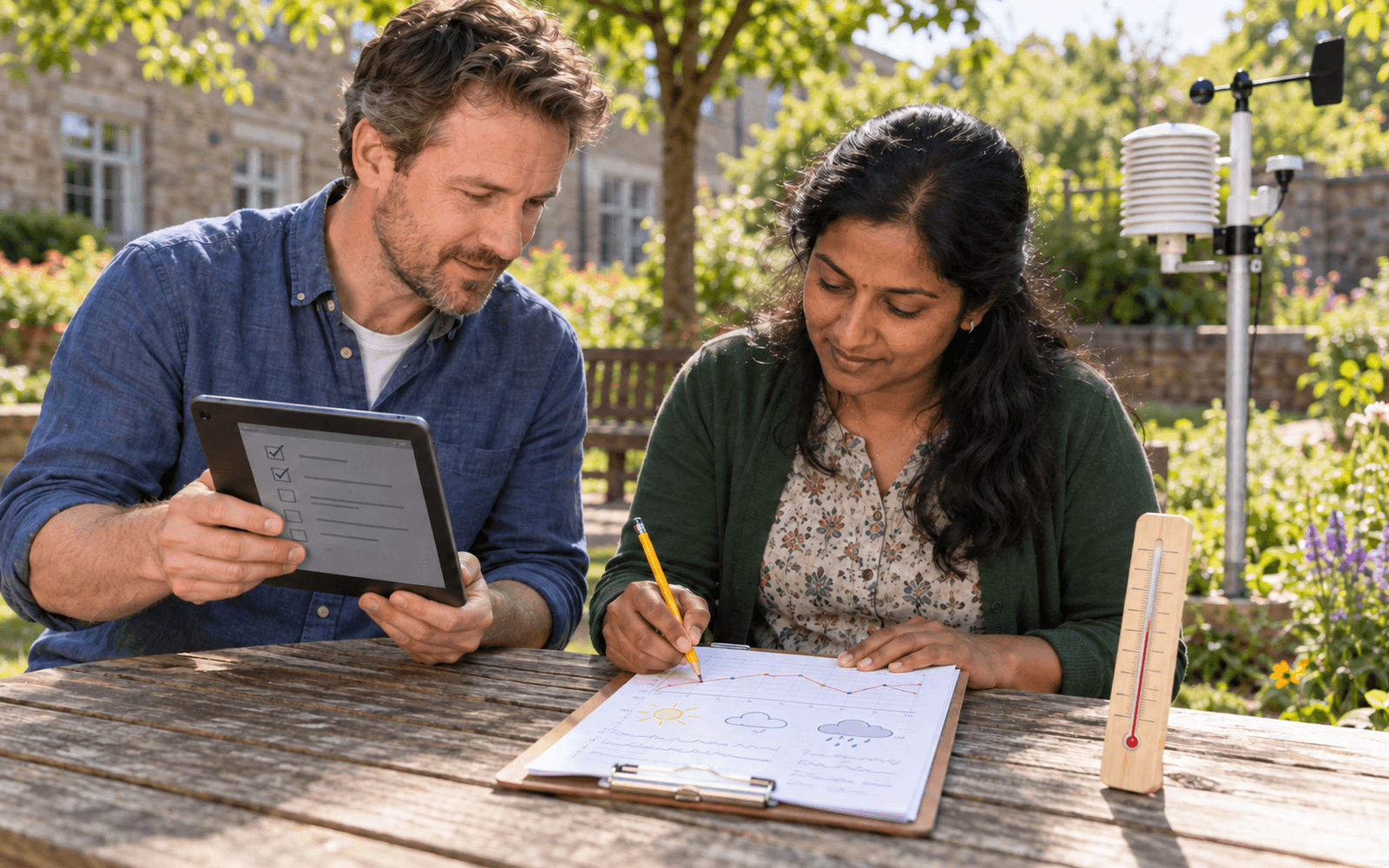 A teacher and learner review a meaningful investigation checklist beside a thermometer, an observation chart and a tablet reminder.