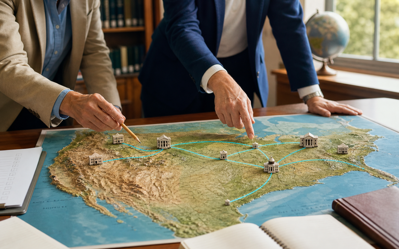 Education leaders planning national ChatGPT Edu deployments across connected campuses on a physical map