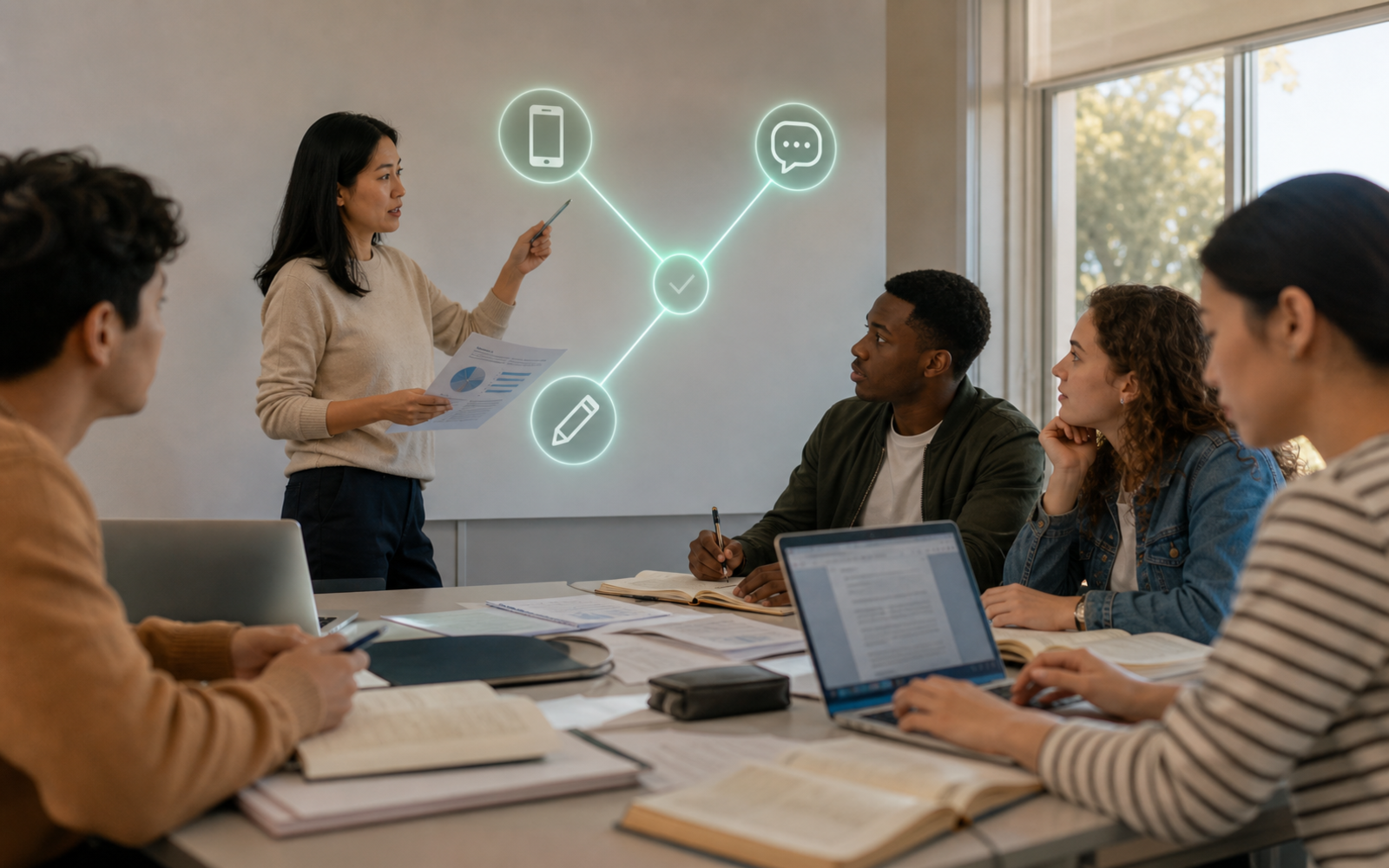A teacher and diverse university learners discuss a cyan three-branch overlay linking mobile, conversation and writing activities