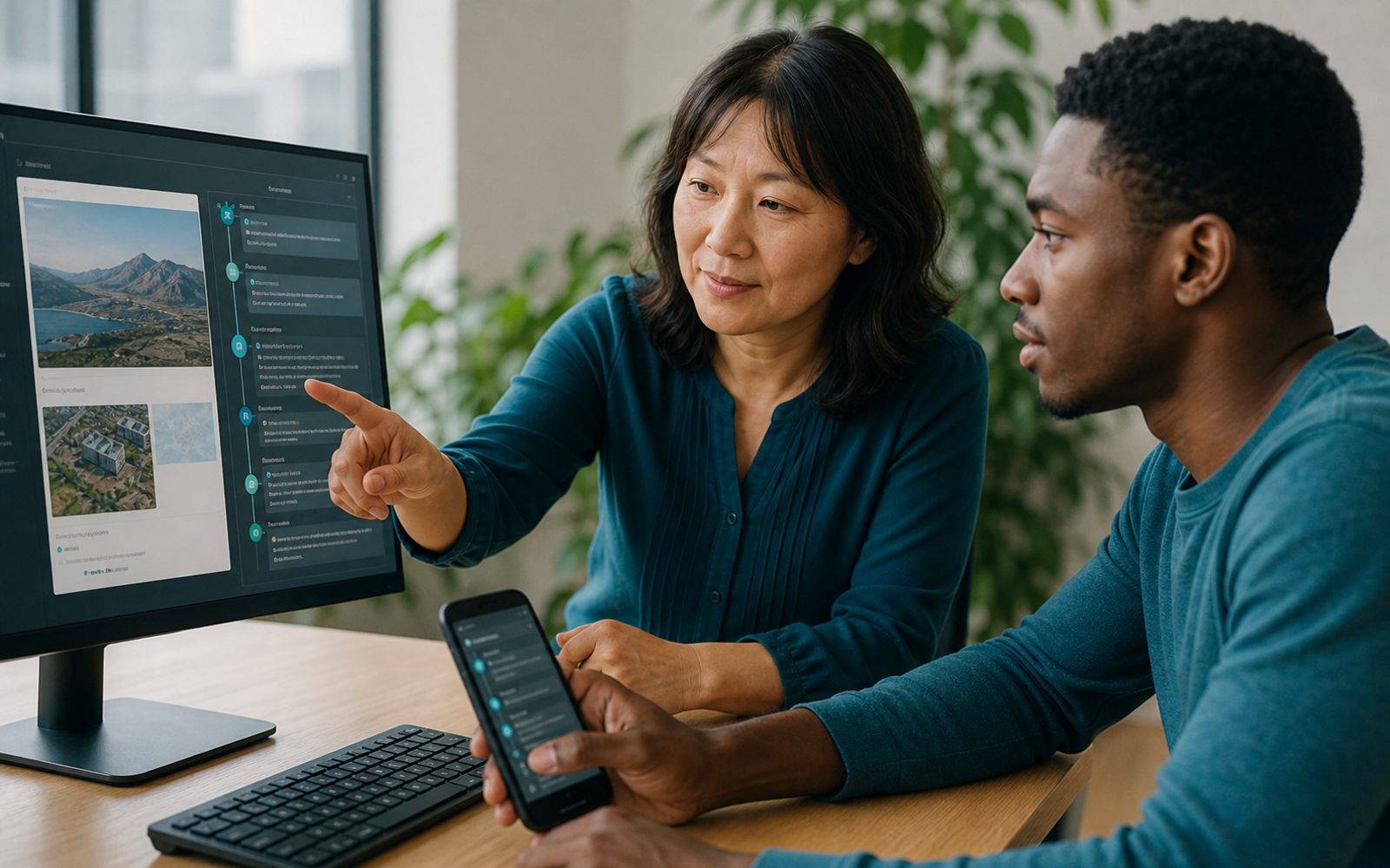 An East Asian educator points to a reviewable project timeline on a desktop while a Black adult learner holds the same supervised workflow on a phone