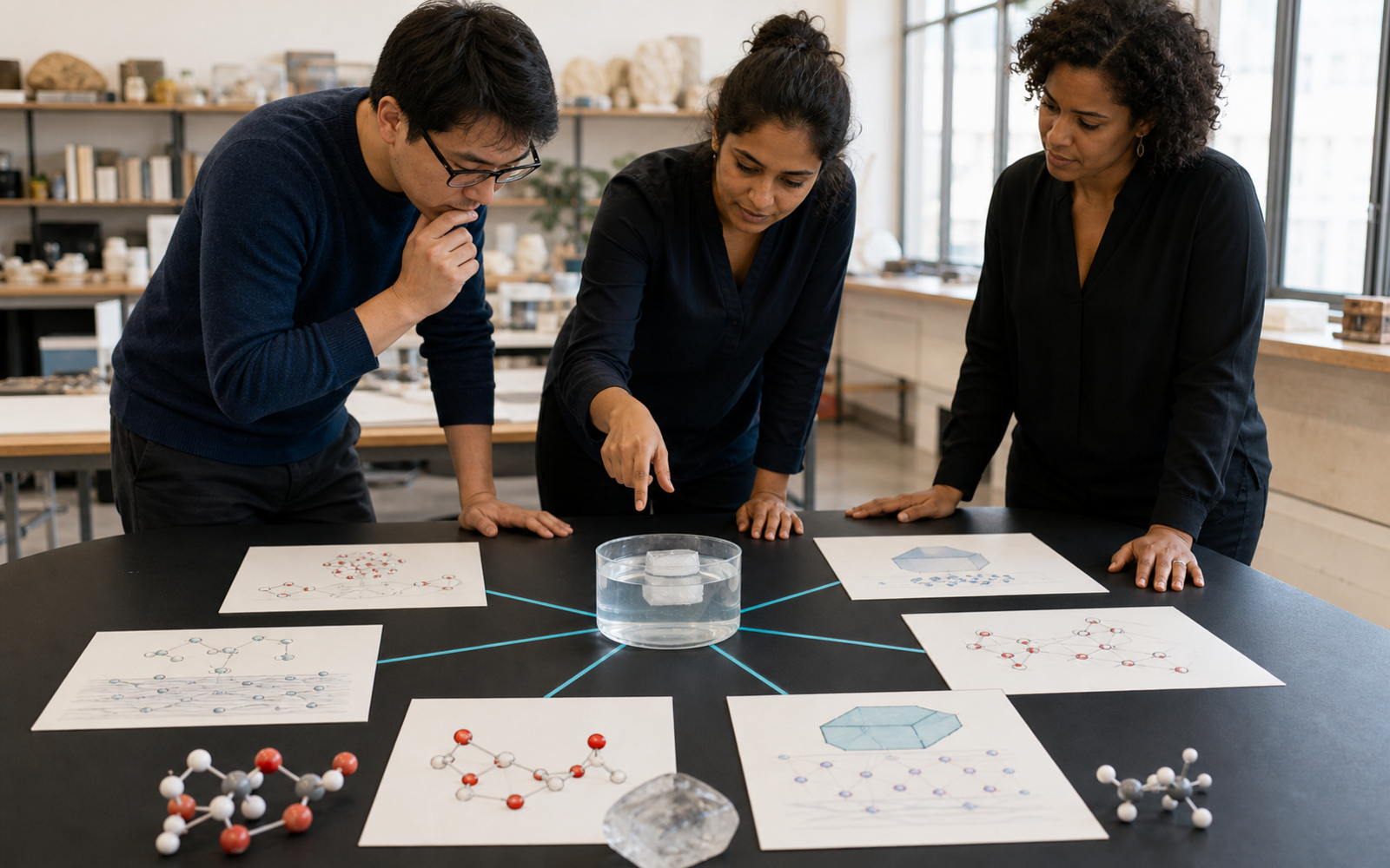 Three education researchers compare six molecular and density diagrams around a central ice-and-water experiment