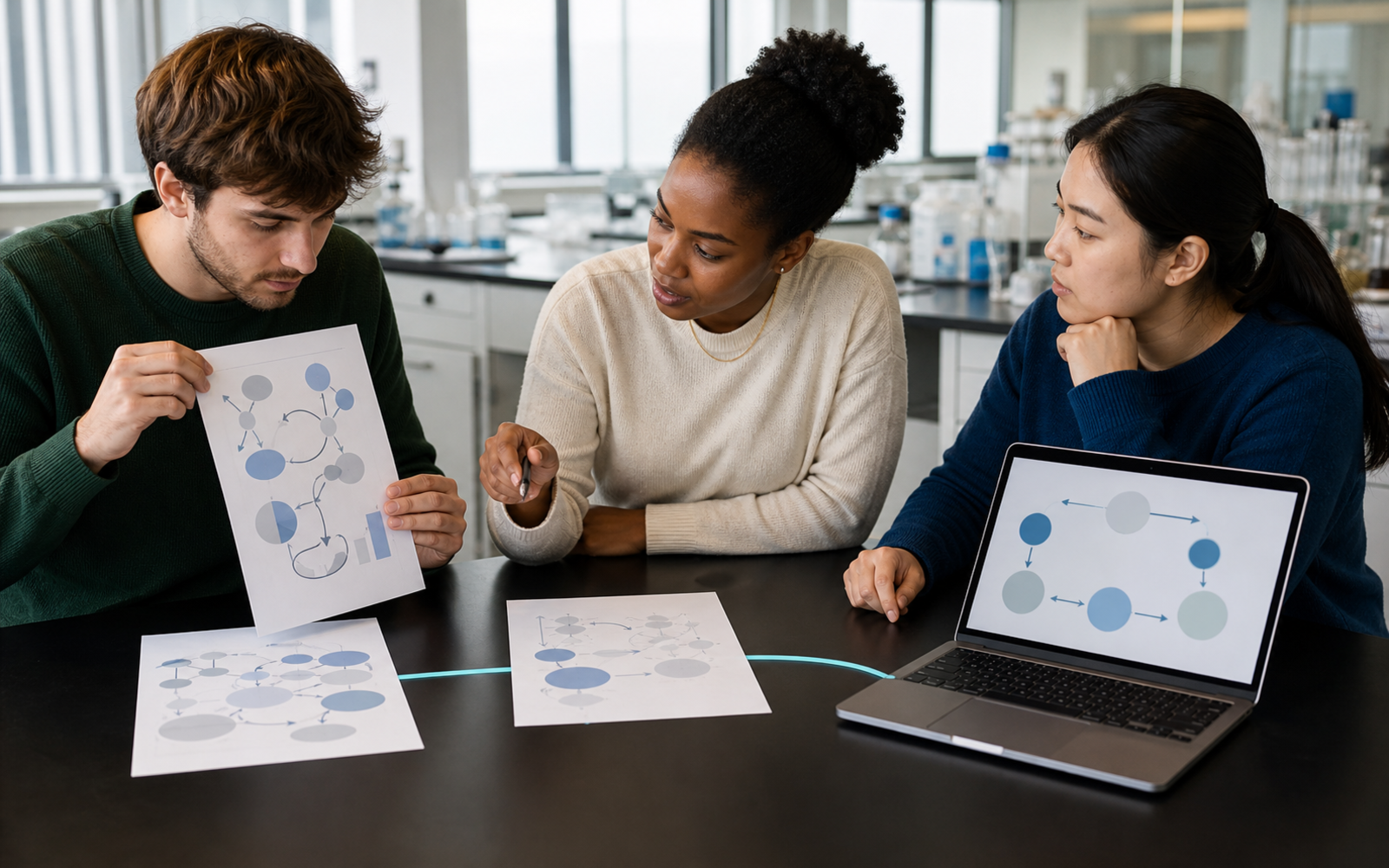 Three diverse university science students compare three diagram drafts beside a text-free laptop feedback view linked by one cyan revision path