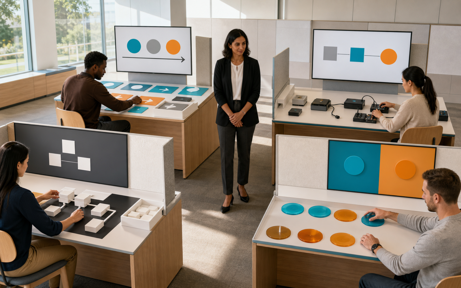 Four diverse adult candidates complete separate workflow, hardware, architecture, and governance tasks as a proctor observes