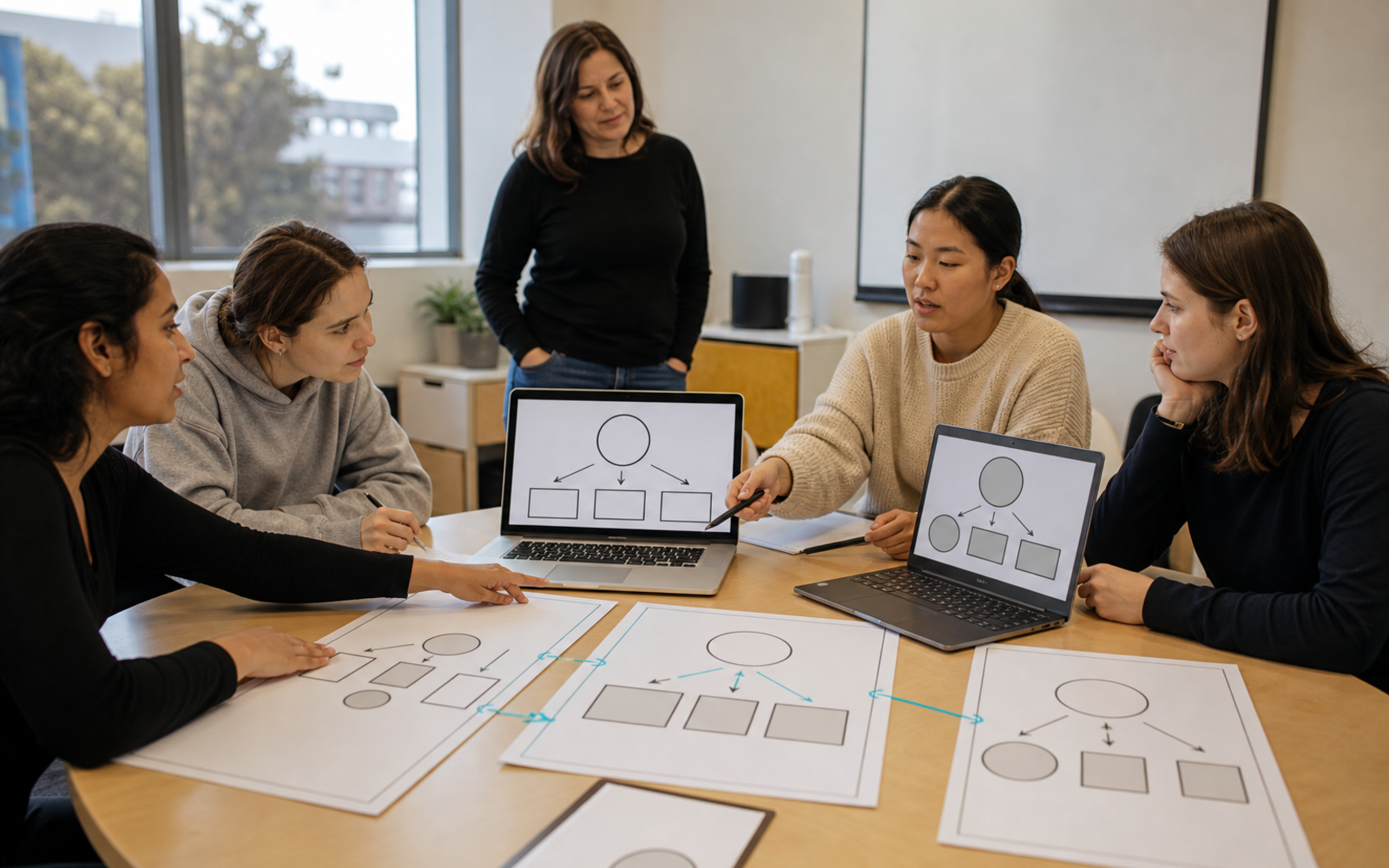 Four adult female students compare text-free geometric project revisions on paper and generic laptops while a female instructor observes