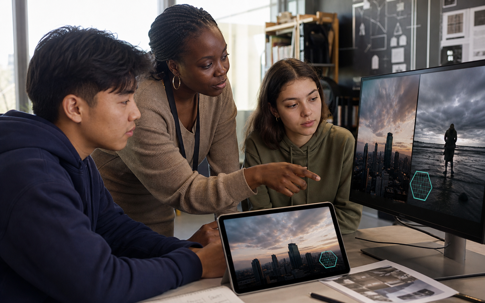 A Black teacher and East Asian and White secondary students compare image and video frames across a monitor and tablet with restrained cyan provenance markers