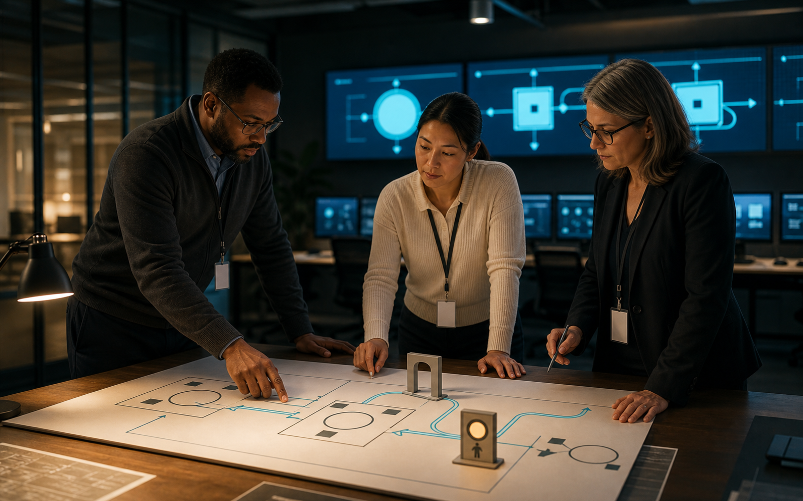 A Black IT lead, East Asian educator, and White governance officer inspect three geometric system modules linked through permission gates and a human approval control