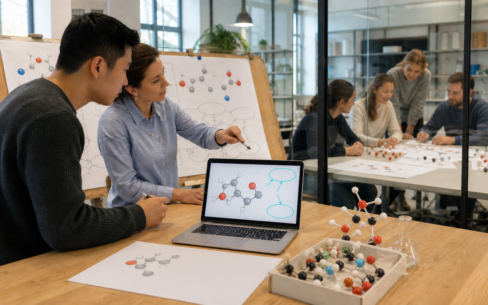 A pre-service chemistry teacher and instructor review a text-free AI-assisted lesson design while a separate intact class works with paper models behind glass