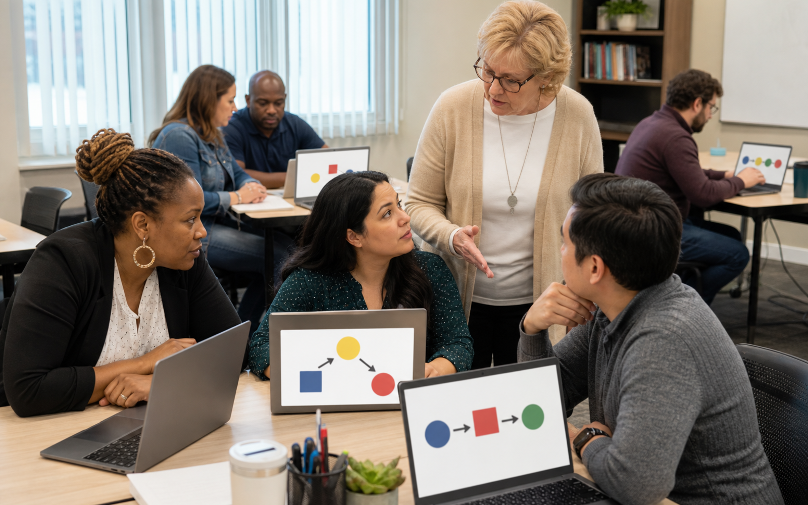 Eight diverse adult educators work in three small groups with generic text-free laptops while a mentor guides a practical workshop discussion