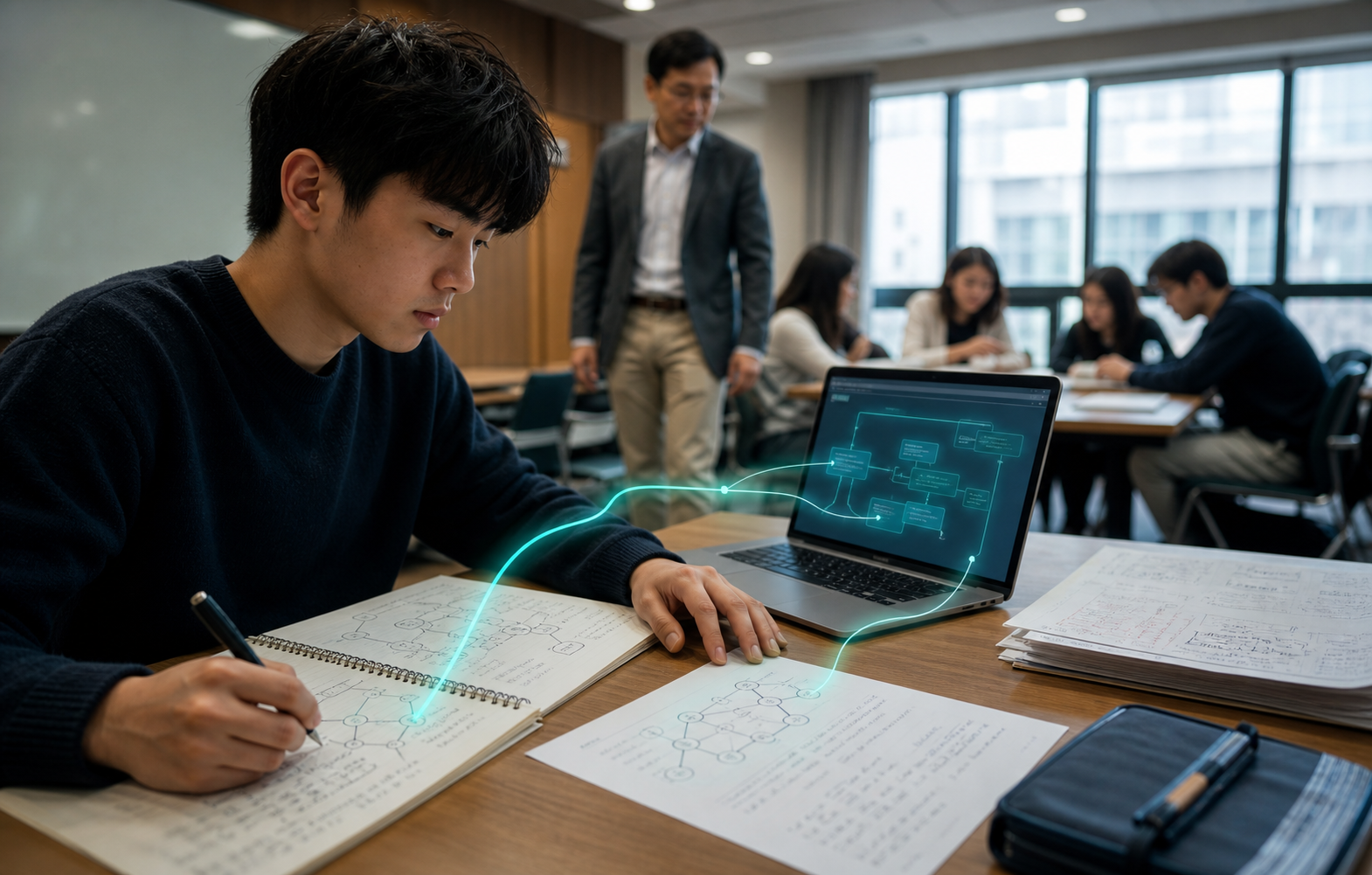 A university student compares an AI explanation with handwritten concept notes while an instructor and peers work in a seminar room
