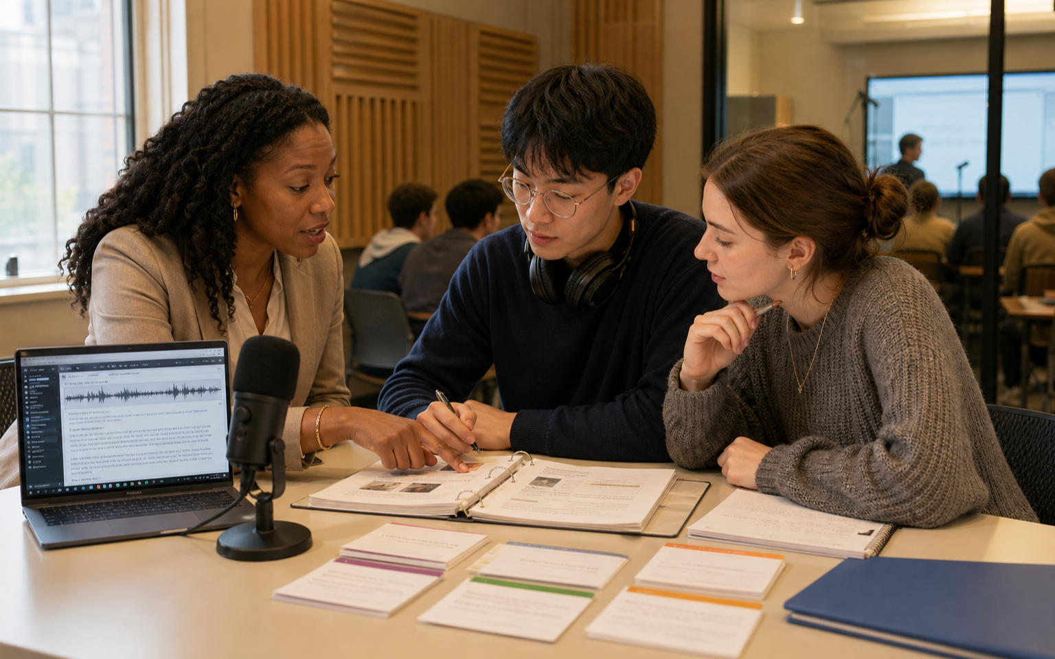 A Black female lecturer and two diverse university students review an audio transcript, curriculum binder and organized learning cards in a media studio