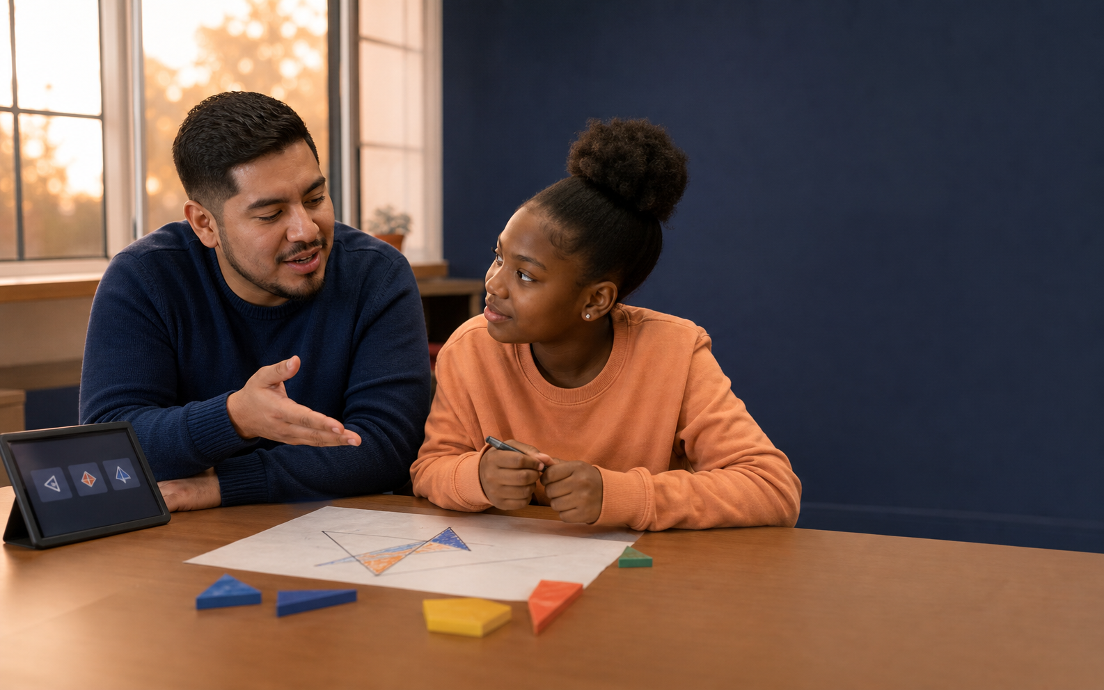 A human tutor guides a middle-school learner through mathematics while a discreet AI panel suggests questions rather than answers