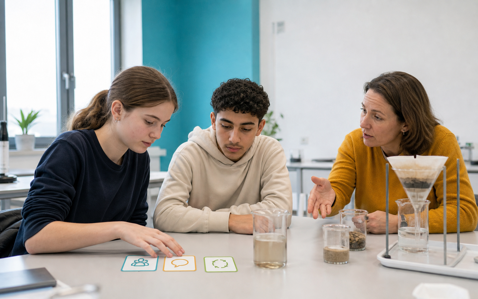 German secondary students refine AI questions with prompt cards while a researcher observes their inquiry process in a small learning lab