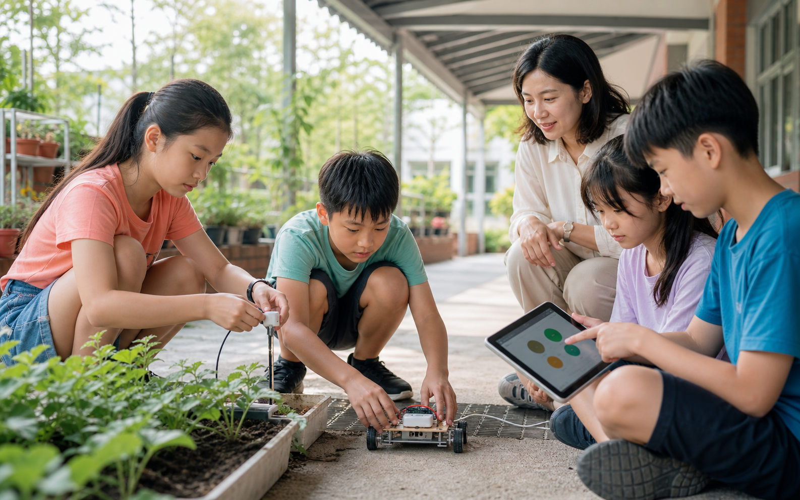 A gender-balanced group of Taiwanese fifth-grade learners builds and discusses a simple community-focused AIoT project with their teacher