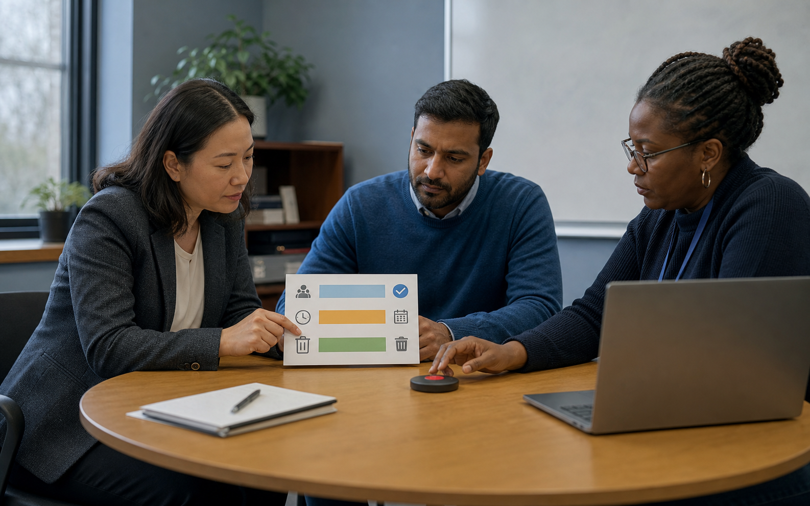 A school technology administrator and two educators review meeting consent, note retention and participant thresholds beside a video-conference room