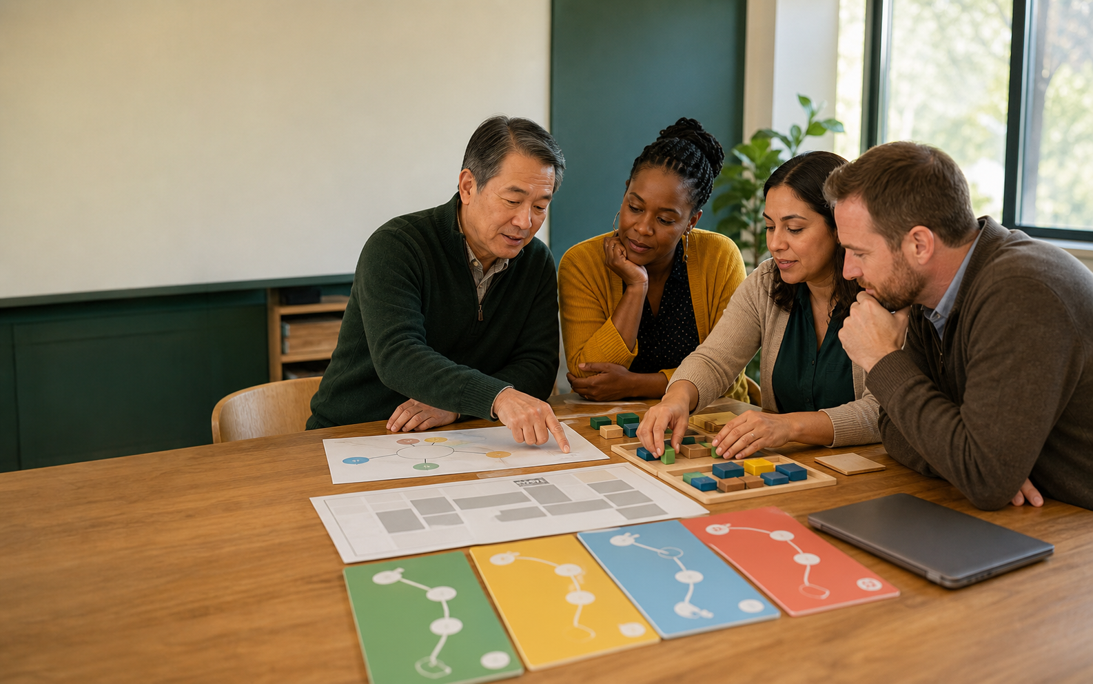 A racially diverse teacher team reviews differentiated classroom materials and curriculum progressions generated through a governed district workspace