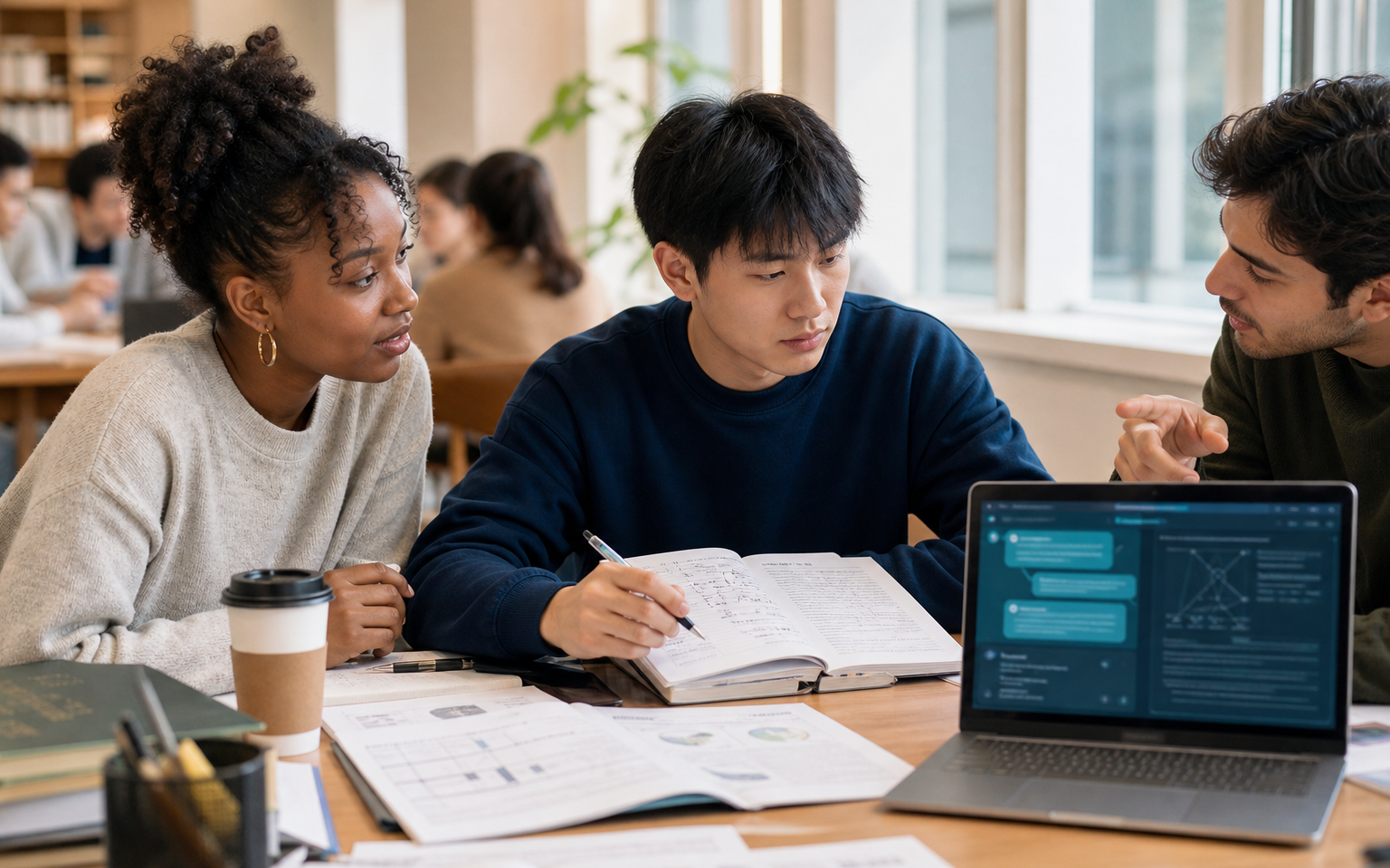 University students and a lecturer from diverse backgrounds review responsible AI use, academic pressure and evidence checking in a seminar room