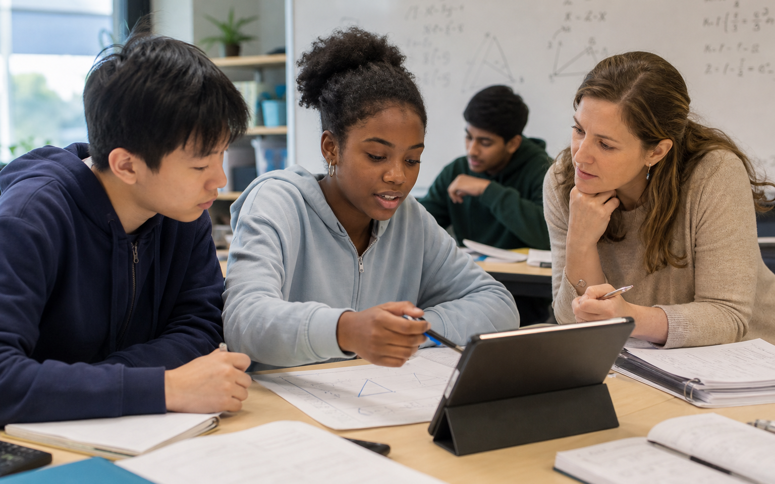A diverse mathematics class works with an AI tutoring system while a teacher compares student reasoning and assessment evidence