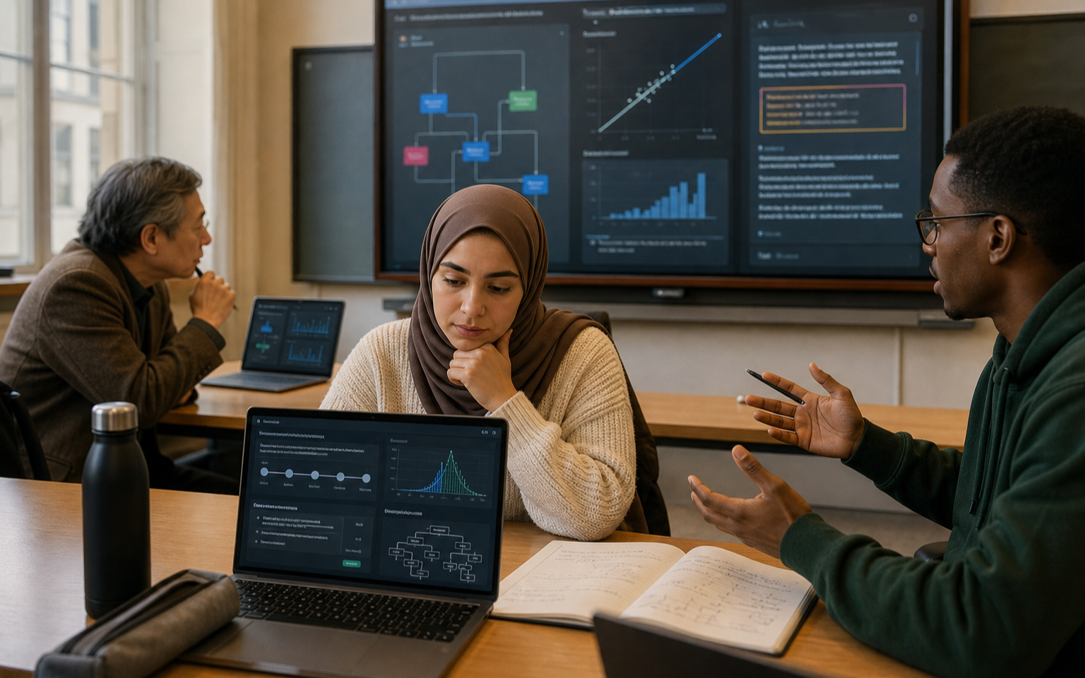 A diverse computer science class uses a learning dashboard to record self-assessments and discuss algorithms with a teacher and an AI dialogue panel